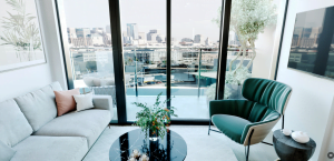 Living room at 192 Bronson looks out onto the balcony overlooking the city of Ottawa.
